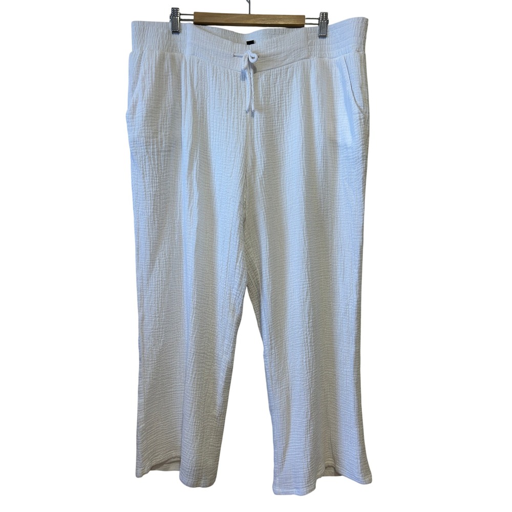JM Collection Pants Size 2X White Cotton Gauze Wide Leg Drawstring Pockets Beach